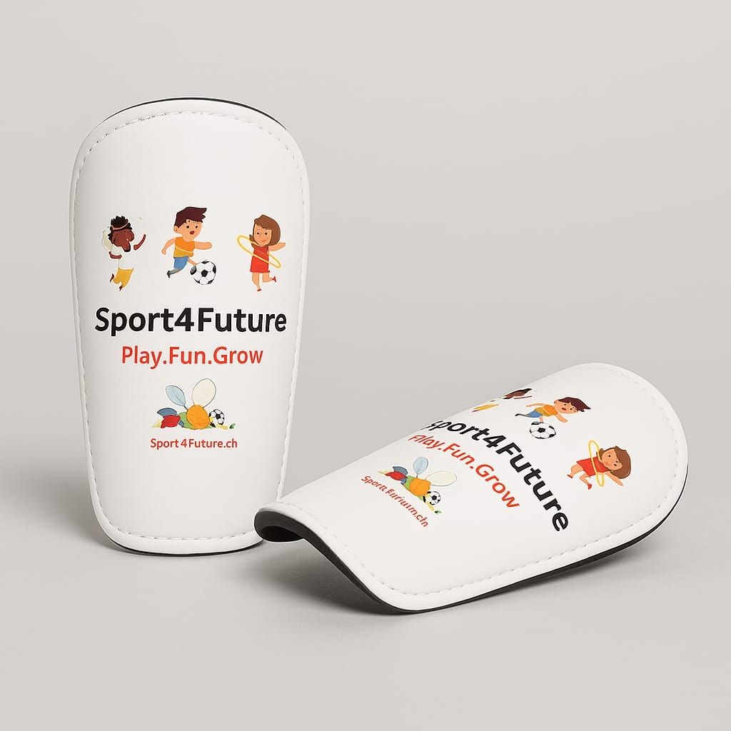 Two white protective sports gloves with animated kids and Sport4Future branding.