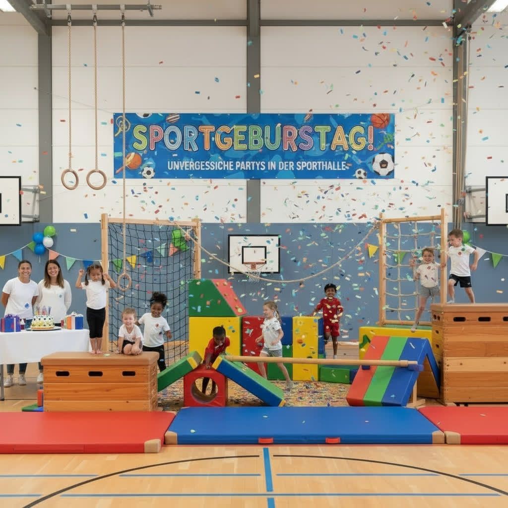 Children playing in a gym decorated for a sports-themed birthday party with colorful mats and equipment.